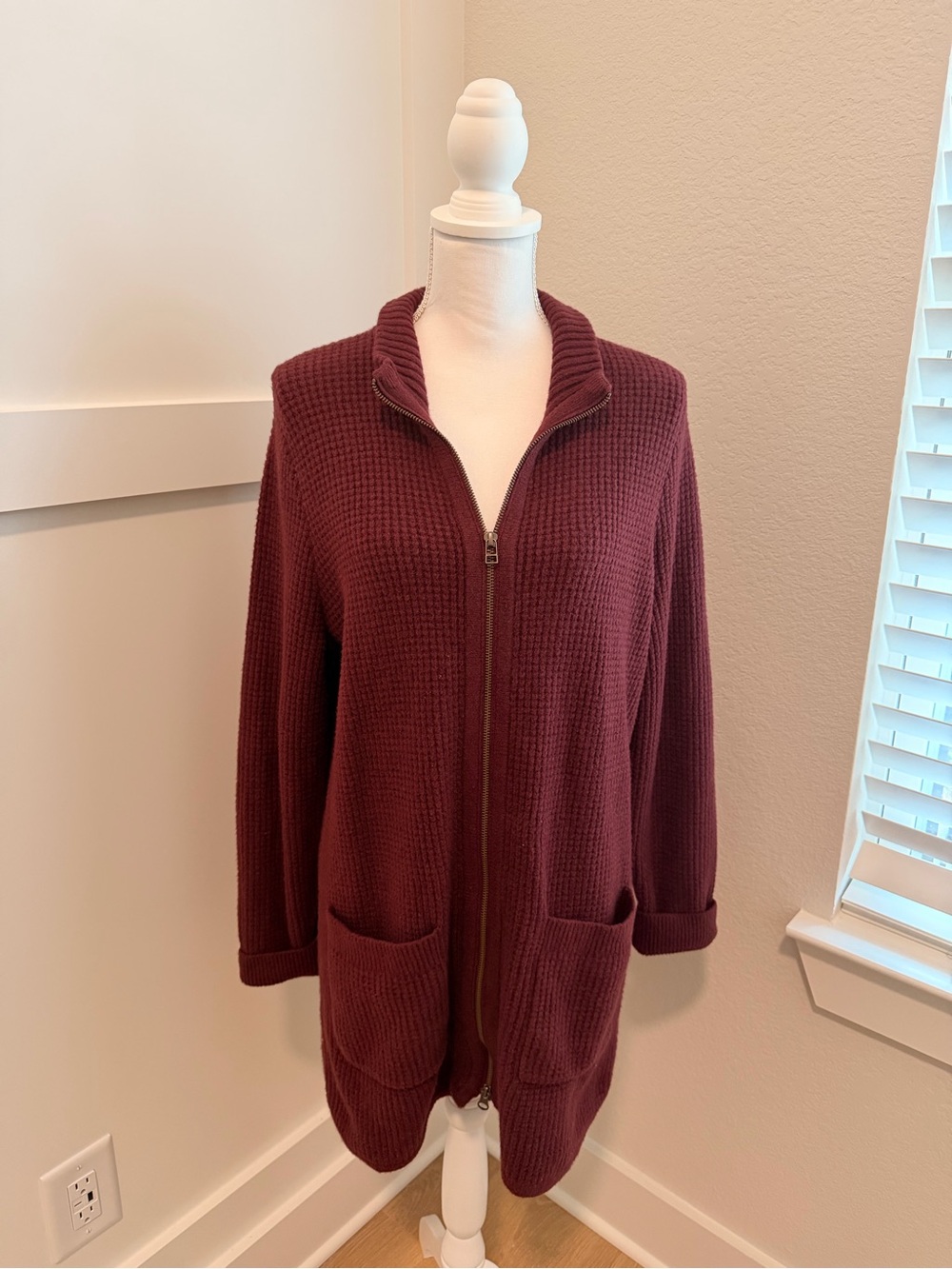 L.L.Bean Waffle Knit Zip Cardigan – Burgundy – Size Large